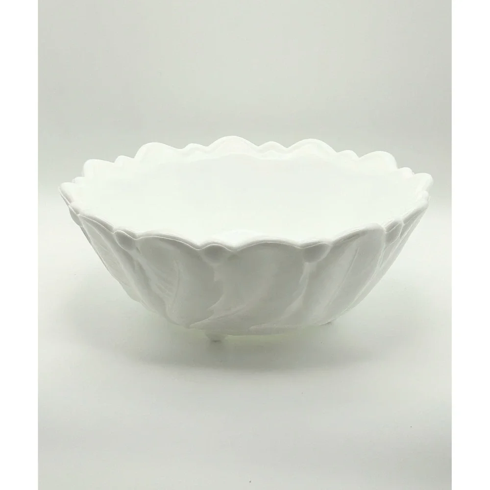 Vintage‎ White Milk Glass Footed Bowl Embossed Leaf Flower Serving Bowl 8.5 